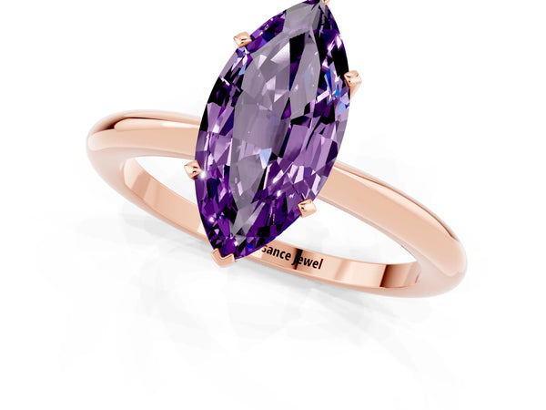 Rose gold Marquise Cut Amethyst Solitaire Ring with Six-Prong Setting and Classic Band
