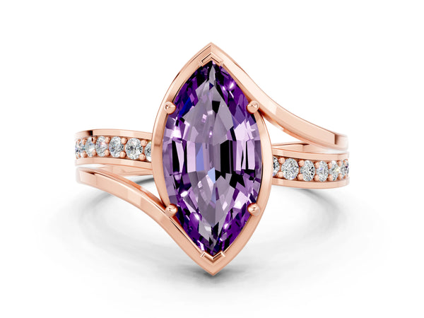 Rose gold Marquise Cut Amethyst Solitaire Ring with Split Shank and Prong Setting