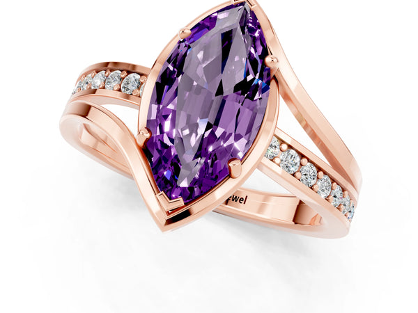 Rose gold Marquise Cut Amethyst Solitaire Ring with Split Shank and Prong Setting