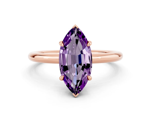 Rose gold Marquise Cut Amethyst Solitaire Ring with Thin Band and Four-Prong Setting