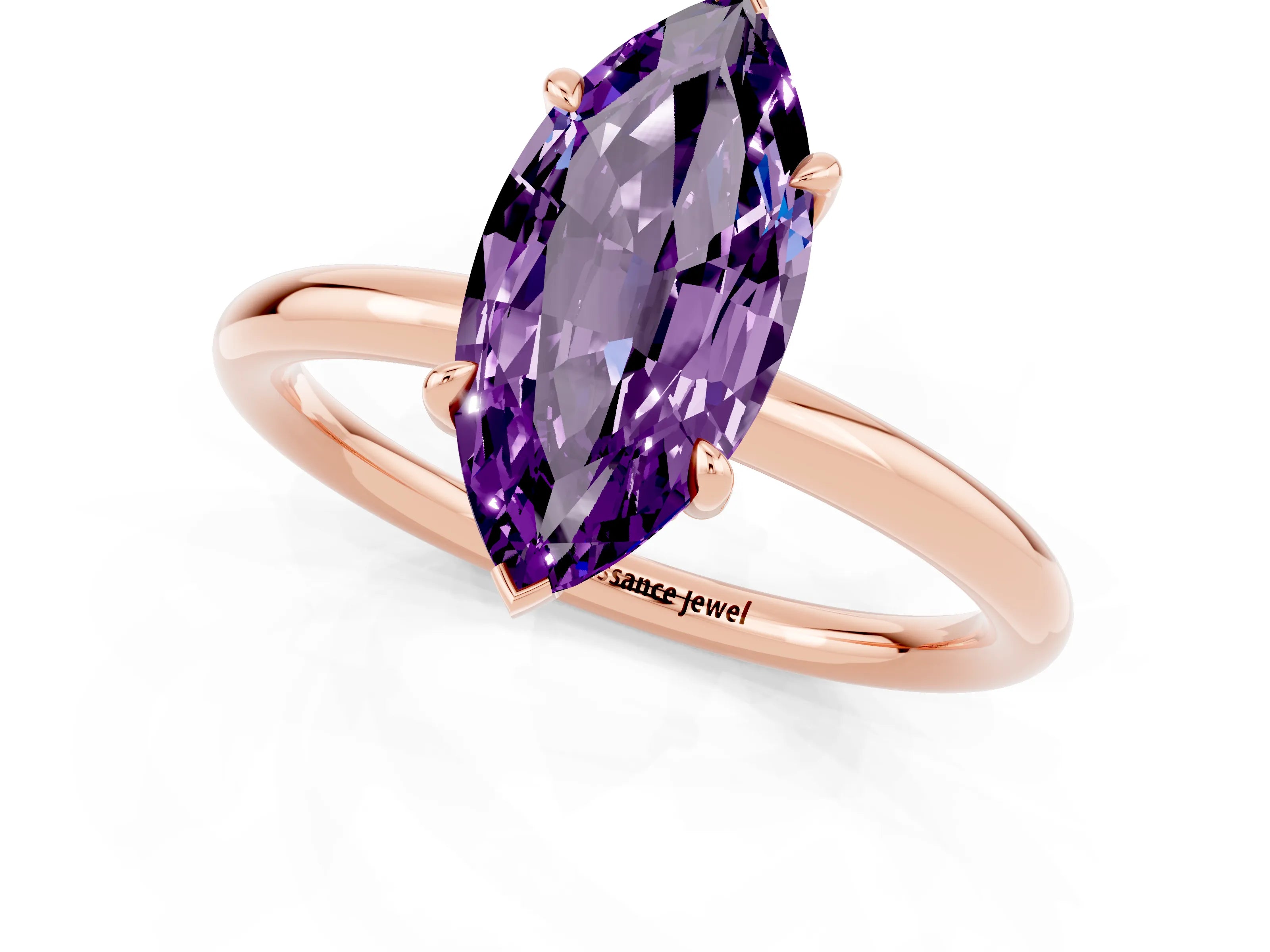 Rose gold Marquise Cut Amethyst Solitaire Ring with Thin Band and Four-Prong Setting_13
