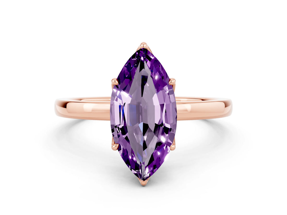 Rose gold Marquise Cut Amethyst Solitaire Ring with Thin Band and Prong Setting_12