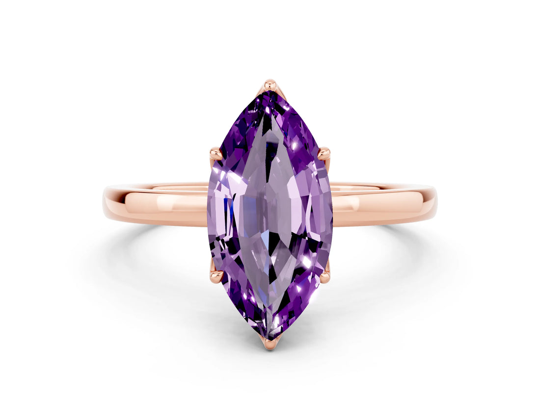 Rose gold Marquise Cut Amethyst Solitaire Ring with Thin Band and Prong Setting_24