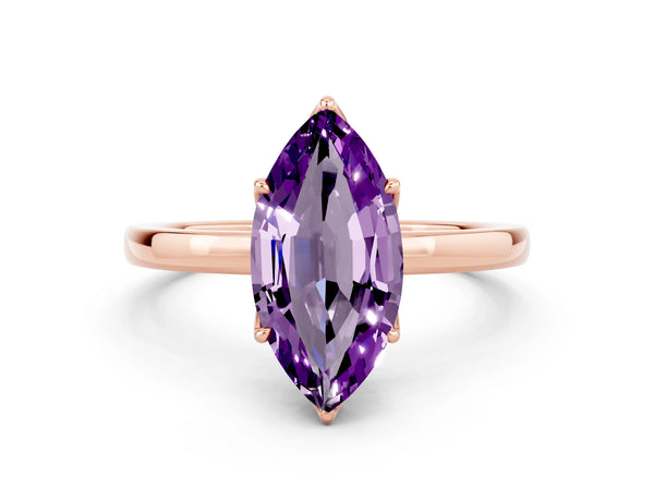 Rose gold Marquise Cut Amethyst Solitaire Ring with Thin Band and Prong Setting