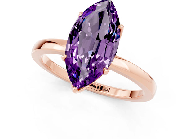 Rose gold Marquise Cut Amethyst Solitaire Ring with Thin Band and Prong Setting