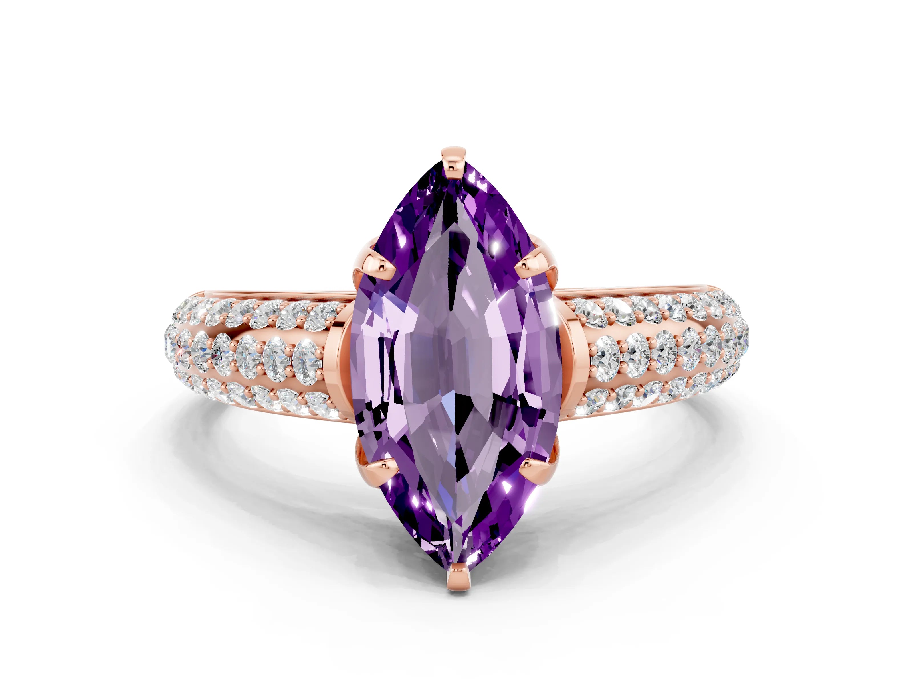 Rose gold Marquise Cut Amethyst Solitaire Ring with Three-Row Pavé Band and Four-Prong Setting_12
