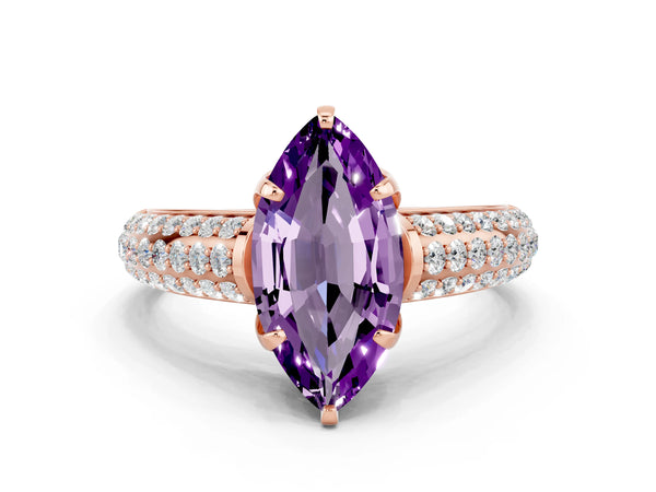 Rose gold Marquise Cut Amethyst Solitaire Ring with Three-Row Pavé Band and Four-Prong Setting