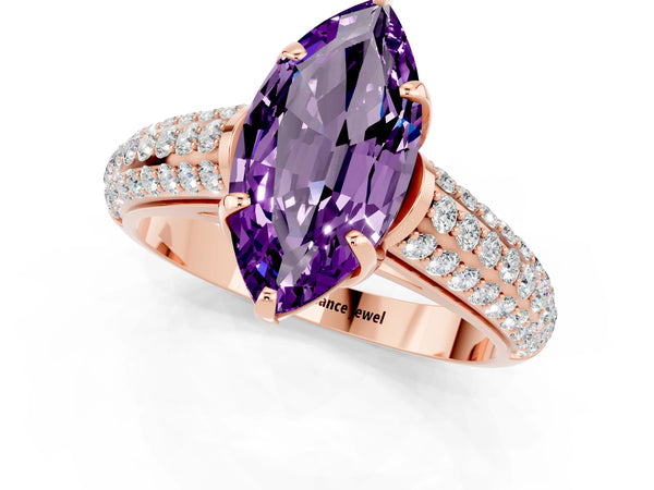 Rose gold Marquise Cut Amethyst Solitaire Ring with Three-Row Pavé Band and Four-Prong Setting