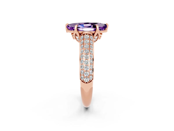 Rose gold Marquise Cut Amethyst Solitaire Ring with Three-Row Pavé Band and Four-Prong Setting