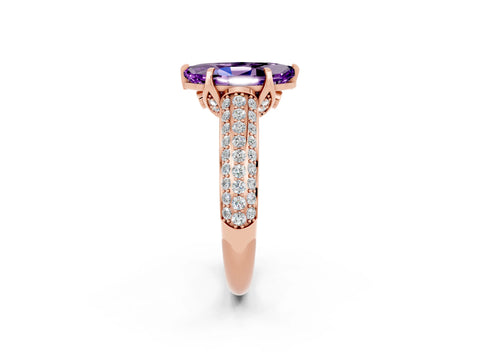 Rose gold Marquise Cut Amethyst Solitaire Ring with Three-Row Pavé Band and Four-Prong Setting_14