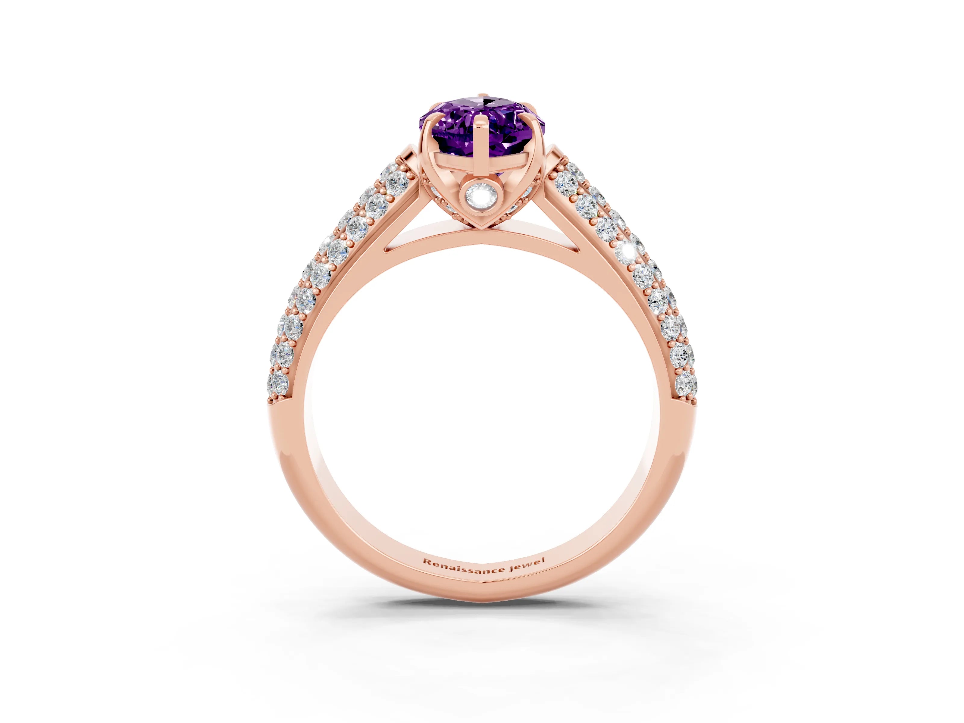 Rose gold Marquise Cut Amethyst Solitaire Ring with Three-Row Pavé Band and Four-Prong Setting_15