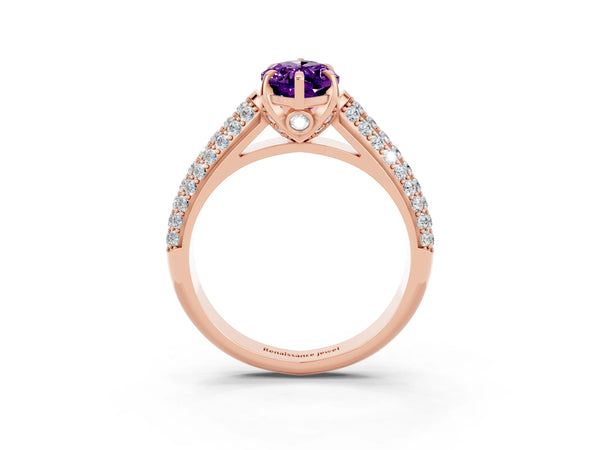 Rose gold Marquise Cut Amethyst Solitaire Ring with Three-Row Pavé Band and Four-Prong Setting
