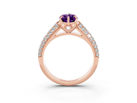 Rose gold Marquise Cut Amethyst Solitaire Ring with Three-Row Pavé Band and Four-Prong Setting_15