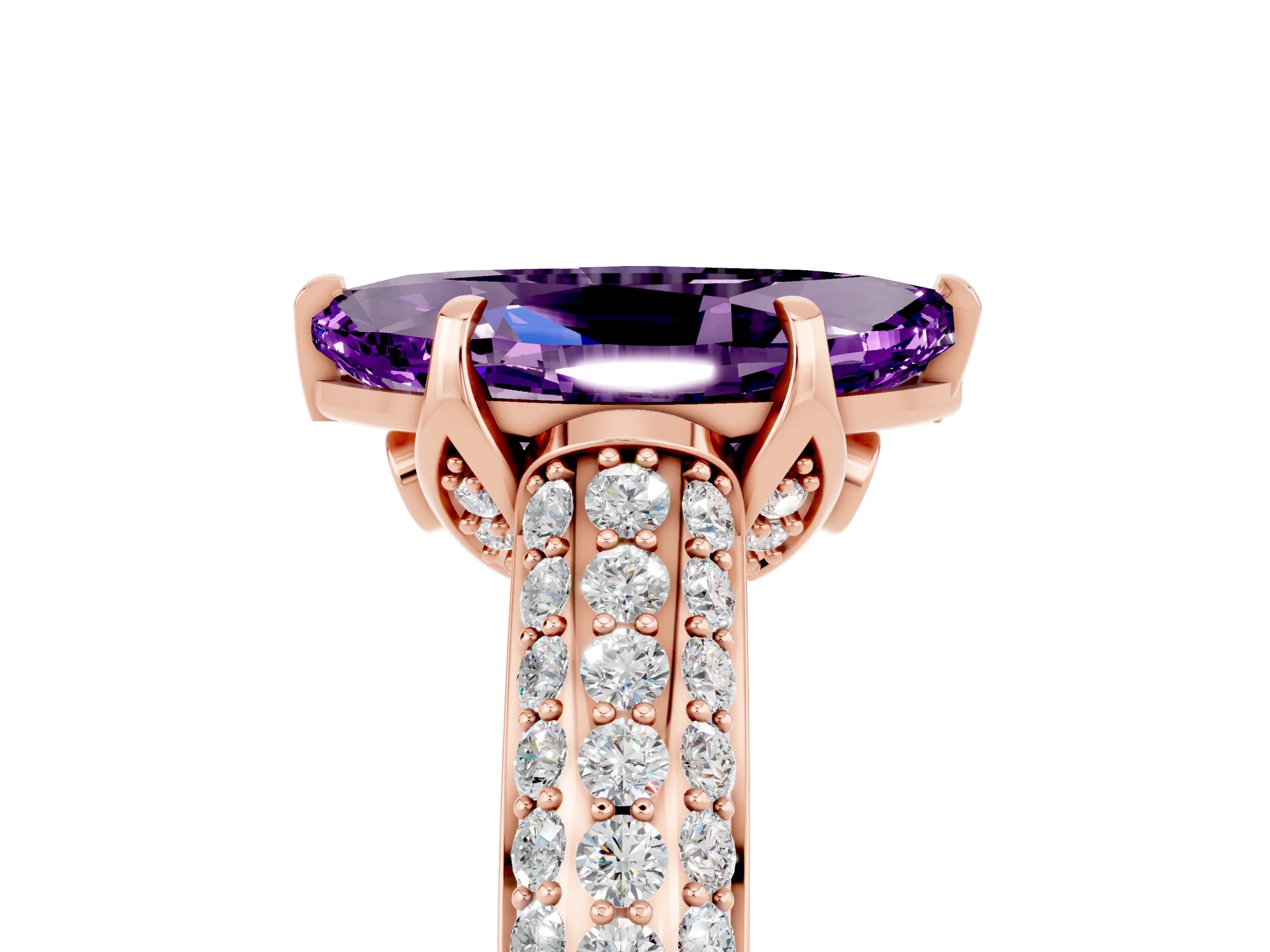 Rose gold Marquise Cut Amethyst Solitaire Ring with Three-Row Pavé Band and Four-Prong Setting_17