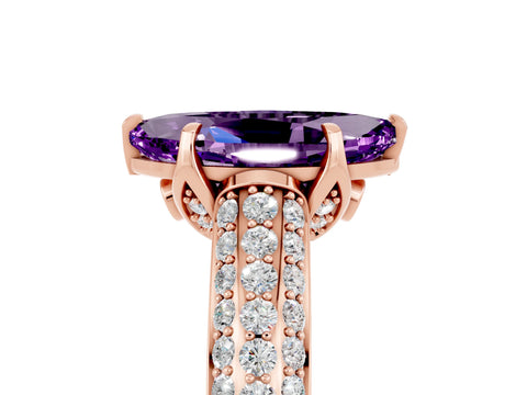 Rose gold Marquise Cut Amethyst Solitaire Ring with Three-Row Pavé Band and Four-Prong Setting_17