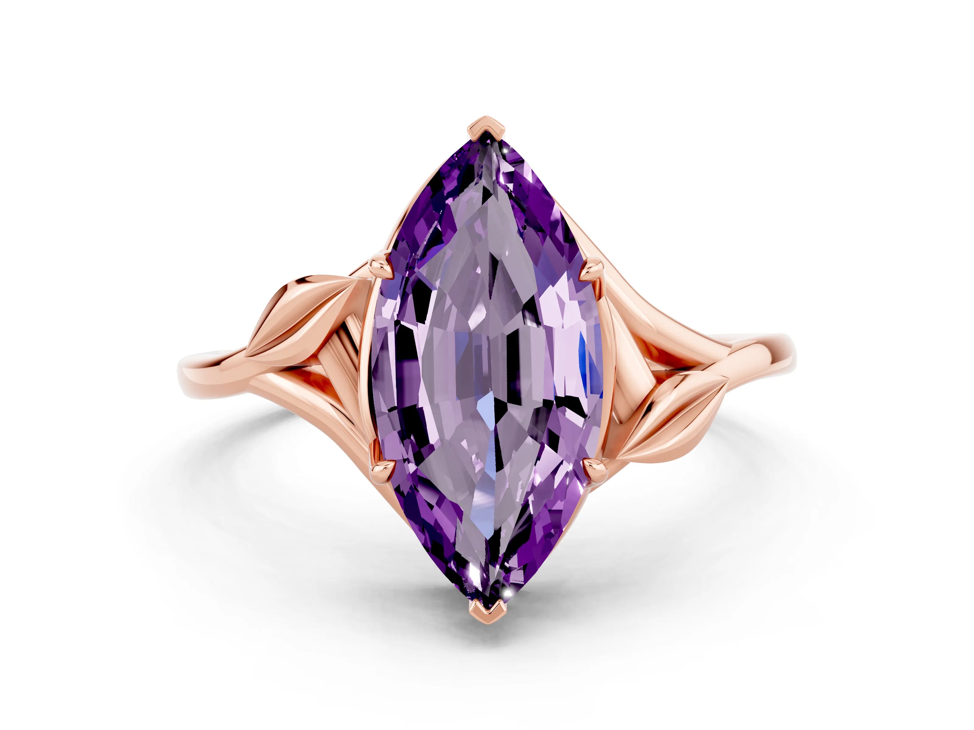 Rose gold Marquise Cut Amethyst Solitaire Ring with Twist Band and Four-Prong Setting_24
