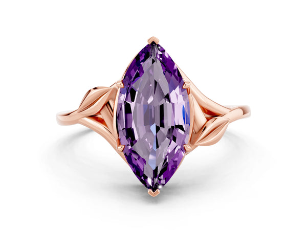 Rose gold Marquise Cut Amethyst Solitaire Ring with Twist Band and Four-Prong Setting