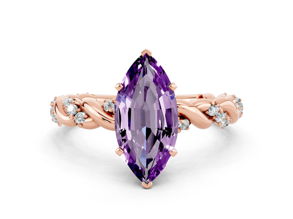 Rose gold Marquise Cut Amethyst Solitaire Ring with Twisted Band and Pavé Accents
