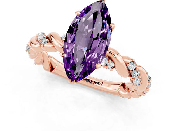 Rose gold Marquise Cut Amethyst Solitaire Ring with Twisted Band and Pavé Accents