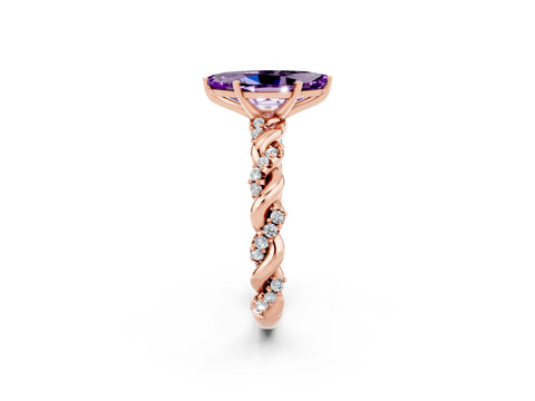 Rose gold Marquise Cut Amethyst Solitaire Ring with Twisted Band and Pavé Accents_2