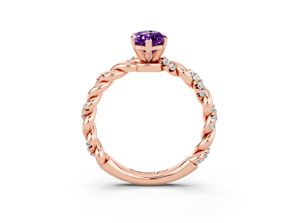 Rose gold Marquise Cut Amethyst Solitaire Ring with Twisted Band and Pavé Accents