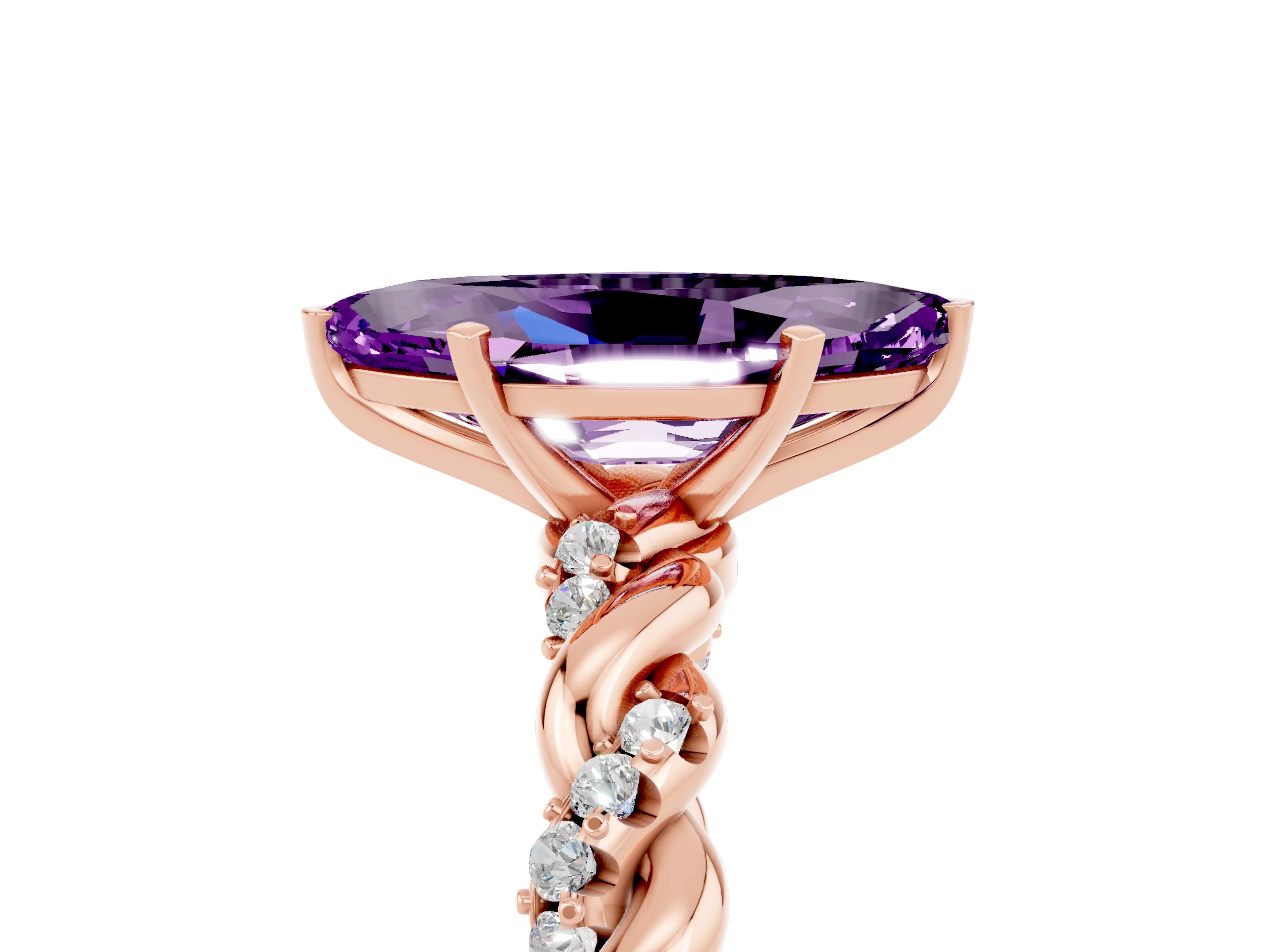 Rose gold Marquise Cut Amethyst Solitaire Ring with Twisted Band and Pavé Accents_5