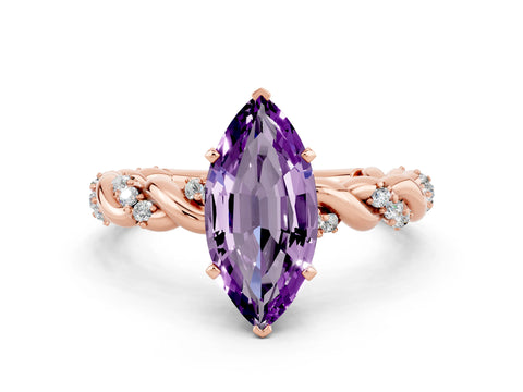 Rose gold Marquise Cut Amethyst Solitaire Ring with Twisted Band and Pavé Accents