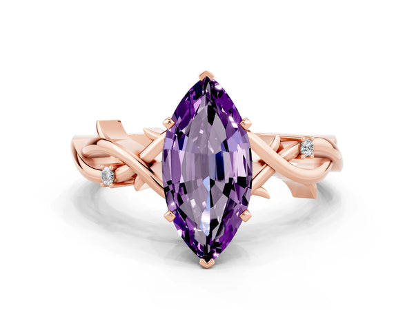 Rose gold Marquise Cut Amethyst Solitaire Ring with Twisted Band and Prong Setting