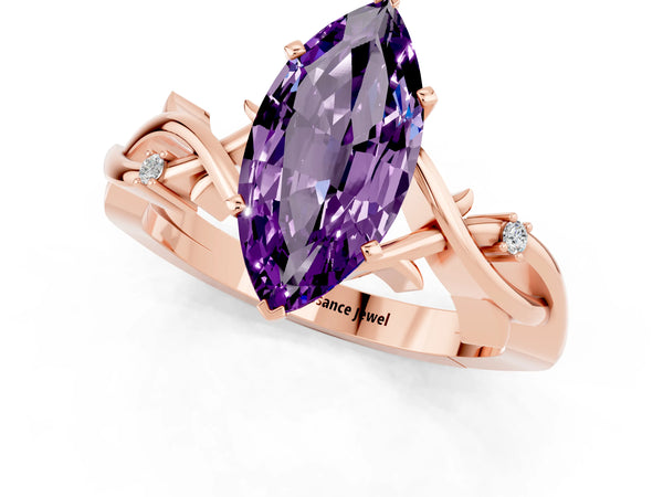 Rose gold Marquise Cut Amethyst Solitaire Ring with Twisted Band and Prong Setting