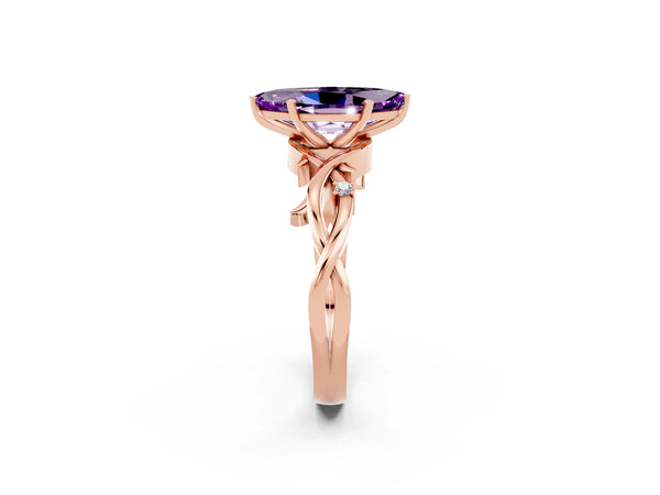 Rose gold Marquise Cut Amethyst Solitaire Ring with Twisted Band and Prong Setting