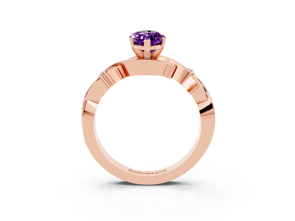 Rose gold Marquise Cut Amethyst Solitaire Ring with Twisted Band and Prong Setting