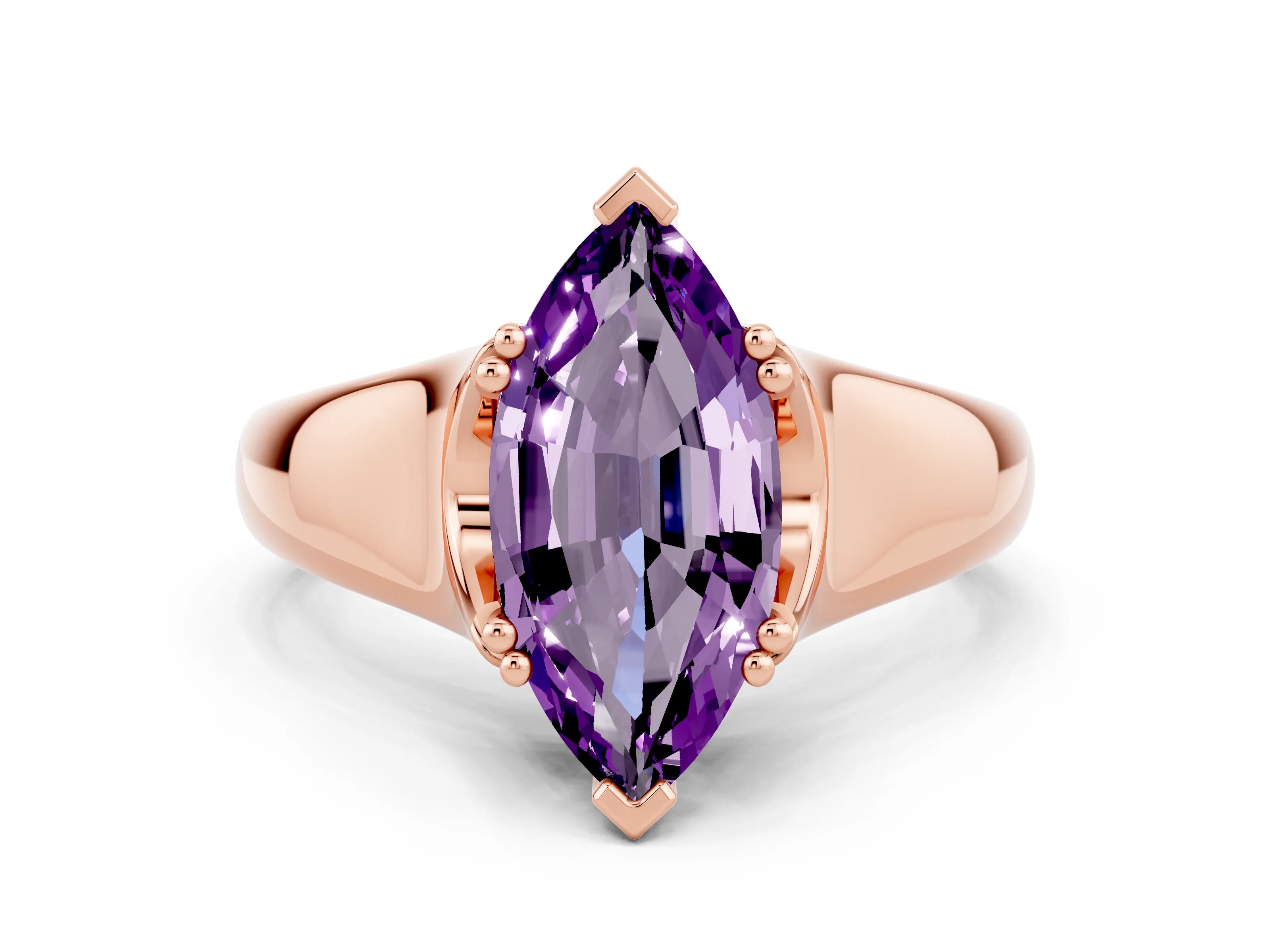 Rose gold Marquise Cut Amethyst Solitaire Ring with Wide Band and Prong Setting