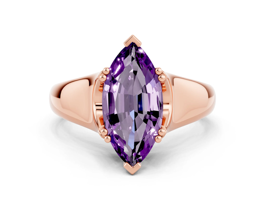 Rose gold Marquise Cut Amethyst Solitaire Ring with Wide Band and Prong Setting