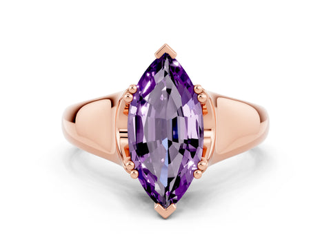 Rose gold Marquise Cut Amethyst Solitaire Ring with Wide Band and Prong Setting