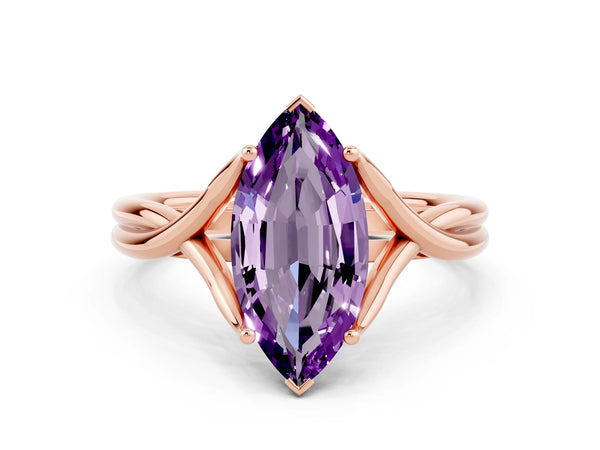 Rose gold Marquise Cut Amethyst Solitaire Twist Band Prong Setting Ring