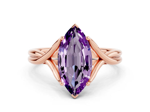 Rose gold Marquise Cut Amethyst Solitaire Twist Band Prong Setting Ring_36