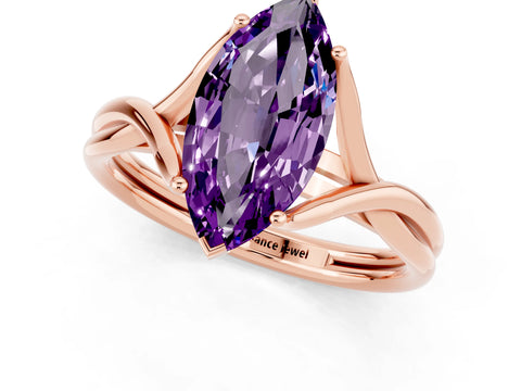 Rose gold Marquise Cut Amethyst Solitaire Twist Band Prong Setting Ring_37
