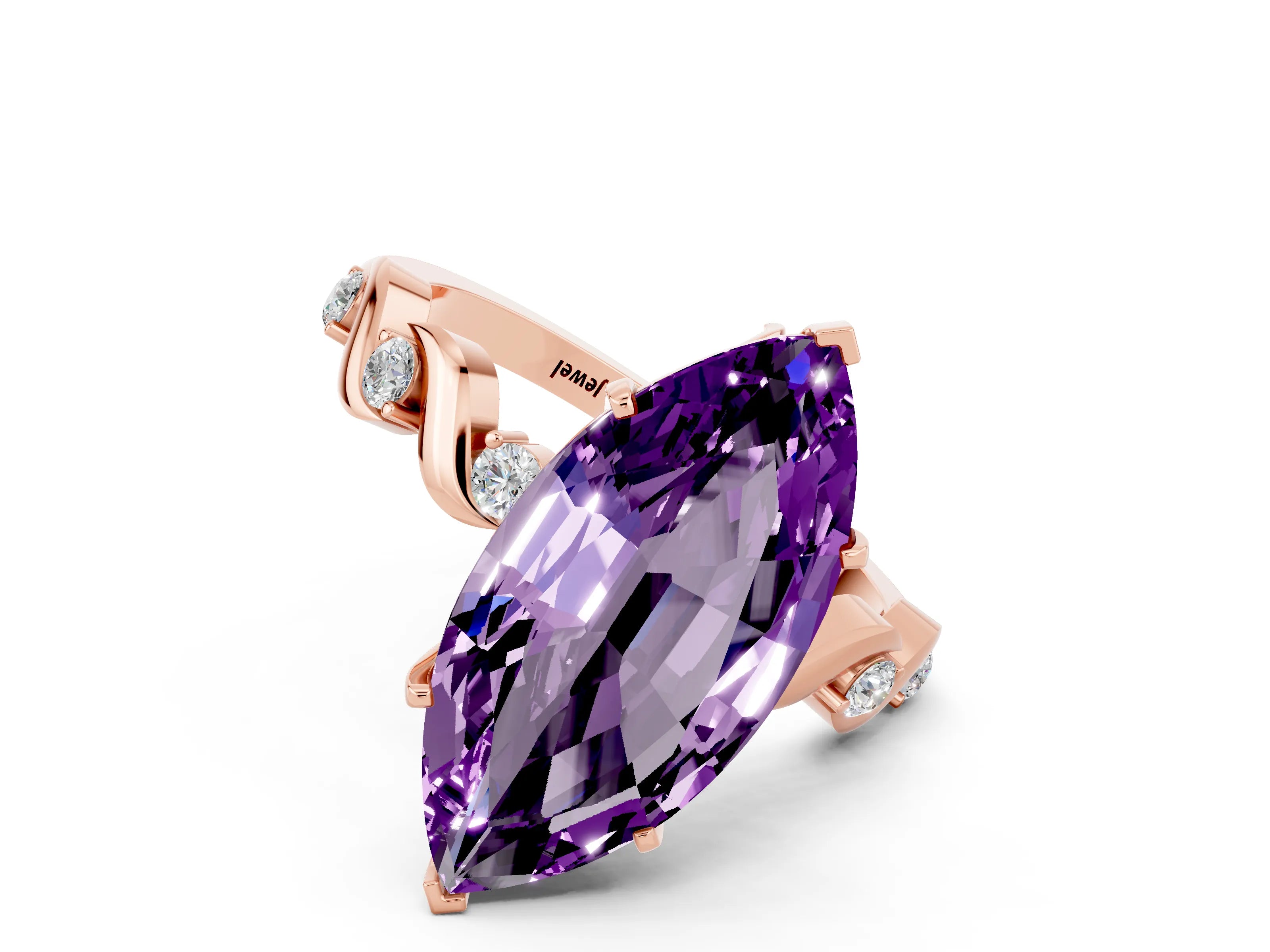 Rose gold Marquise Cut Amethyst Solitaire Twisted Band with Round  Accents and Prong Setting_12