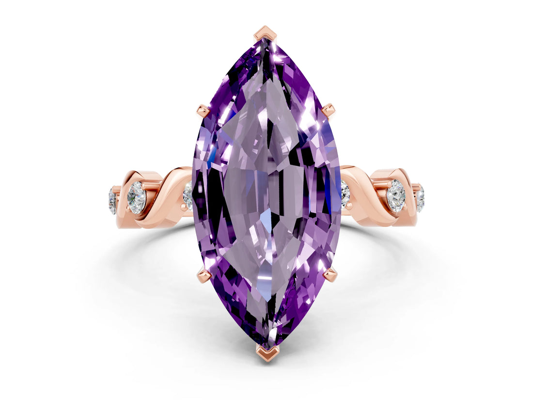 Rose gold Marquise Cut Amethyst Solitaire Twisted Band with Round  Accents and Prong Setting_12