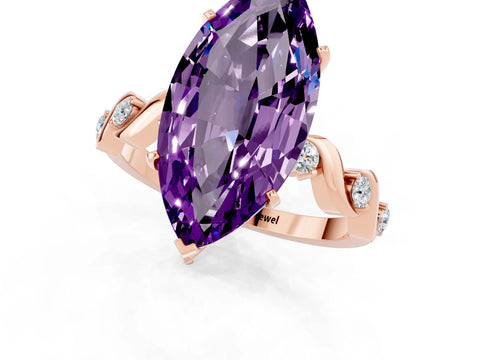 Rose gold Marquise Cut Amethyst Solitaire Twisted Band with Round  Accents and Prong Setting_13