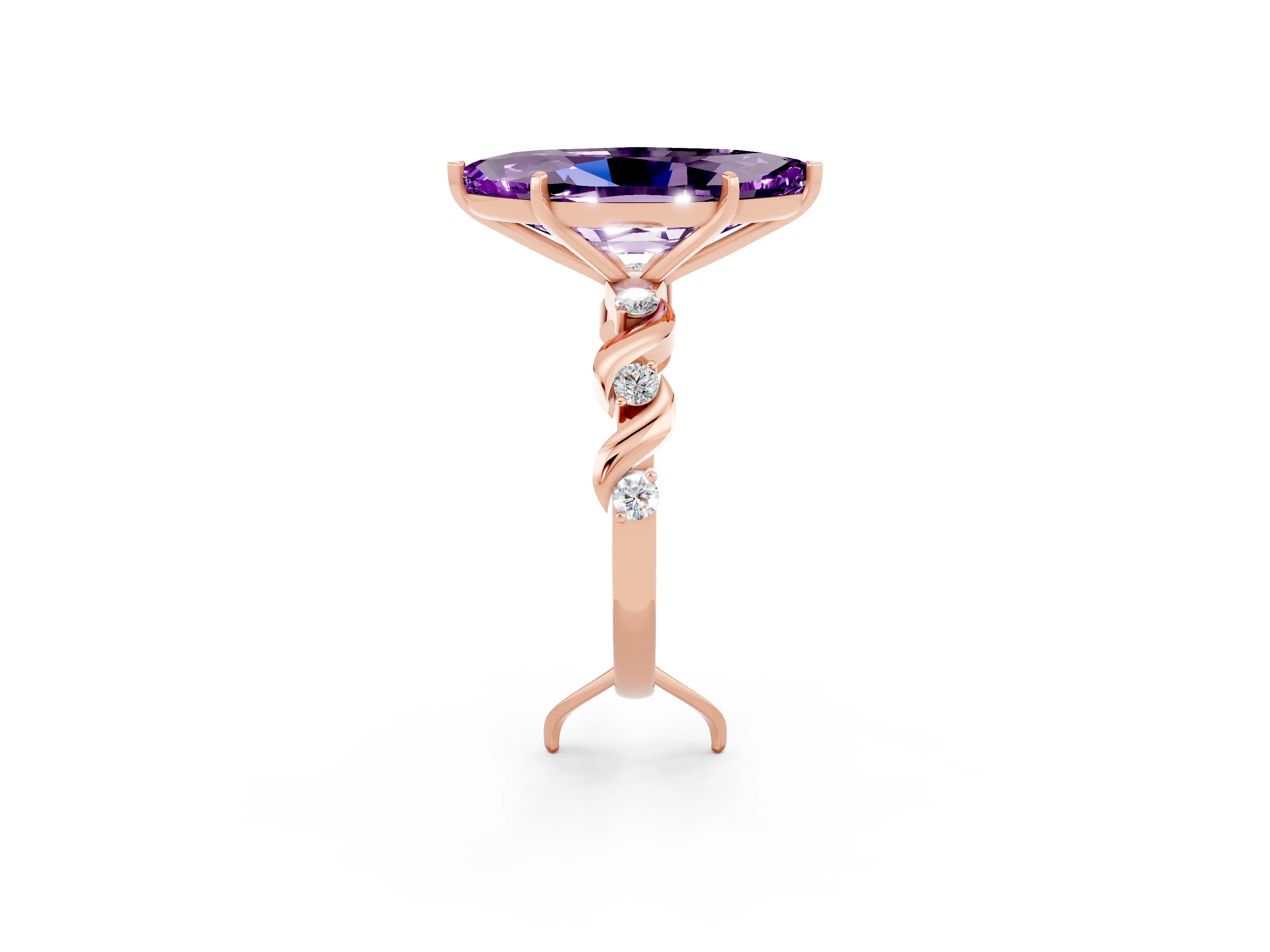Rose gold Marquise Cut Amethyst Solitaire Twisted Band with Round  Accents and Prong Setting_14