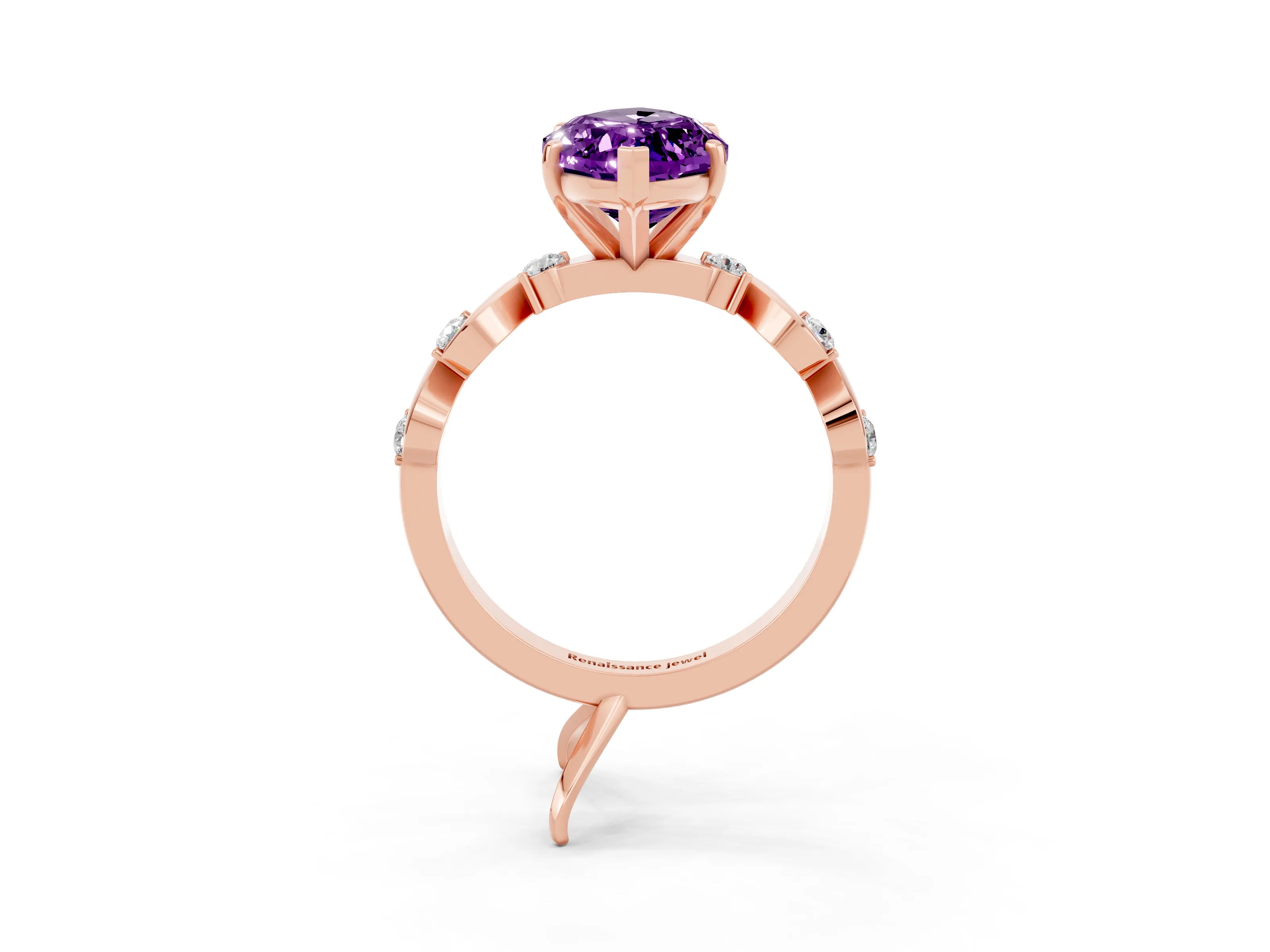 Rose gold Marquise Cut Amethyst Solitaire Twisted Band with Round  Accents and Prong Setting_15
