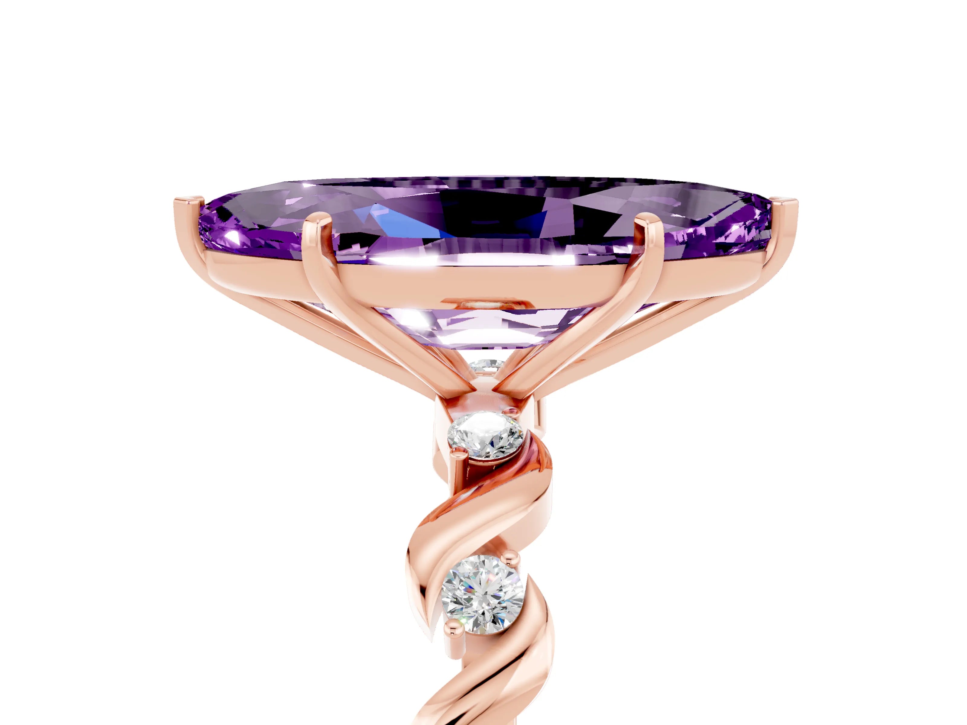 Rose gold Marquise Cut Amethyst Solitaire Twisted Band with Round  Accents and Prong Setting_17