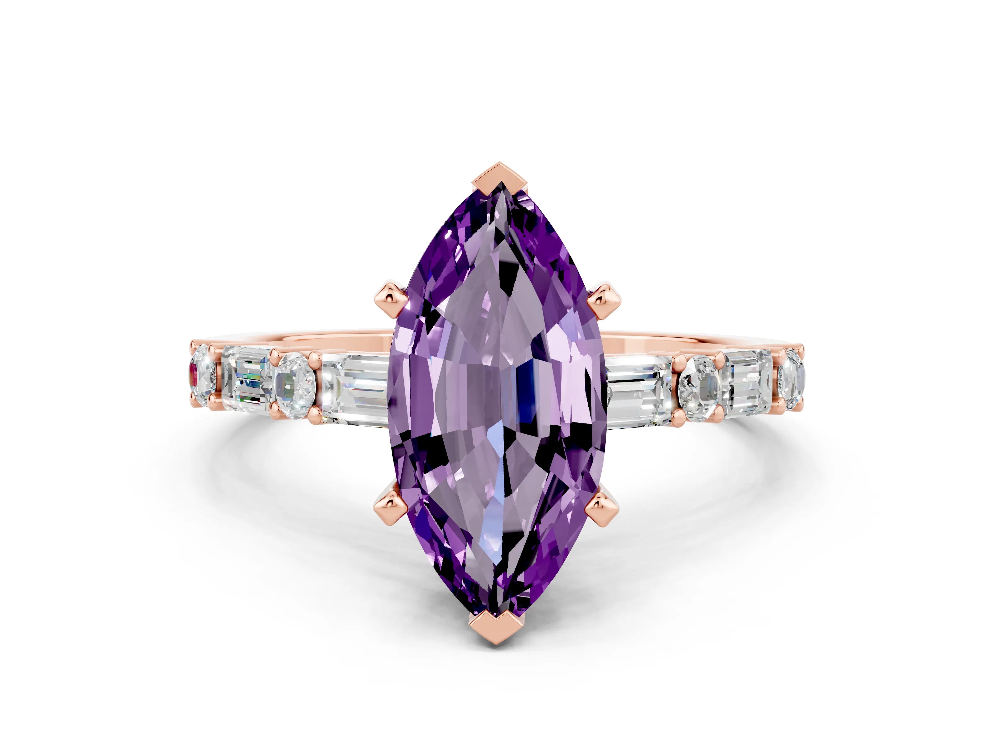 Rose gold Marquise Cut Amethyst Solitaire with Side Baguettes and Channel Set Band