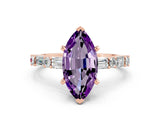Rose gold Marquise Cut Amethyst Solitaire with Side Baguettes and Channel Set Band