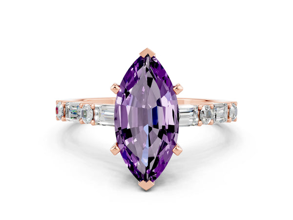 Rose gold Marquise Cut Amethyst Solitaire with Side Baguettes and Channel Set Band