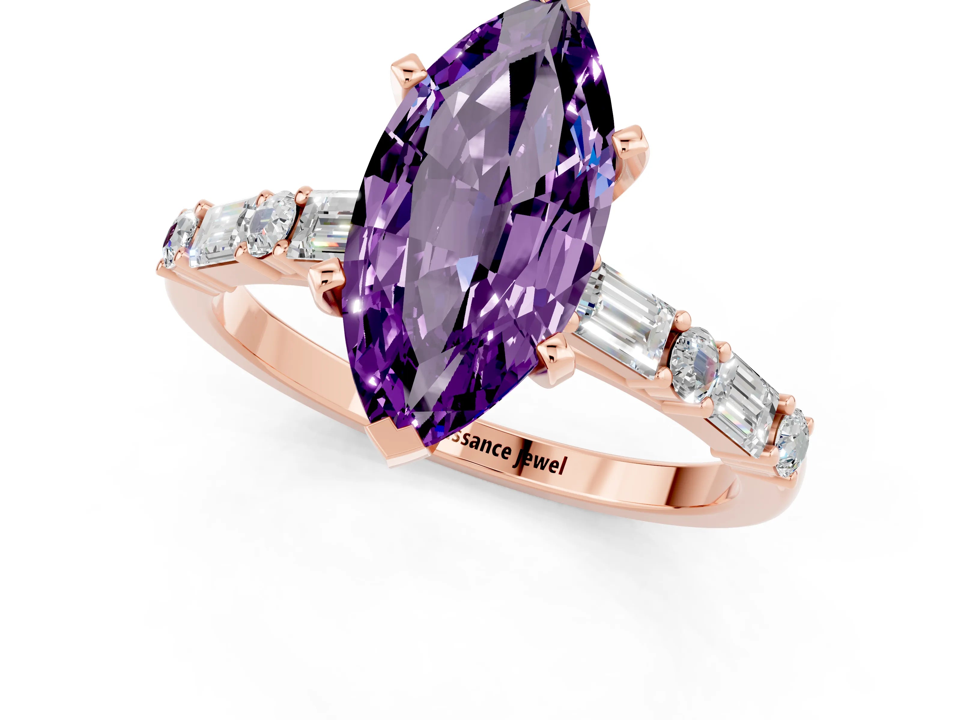 Rose gold Marquise Cut Amethyst Solitaire with Side Baguettes and Channel Set Band_1