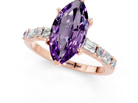 Rose gold Marquise Cut Amethyst Solitaire with Side Baguettes and Channel Set Band_1