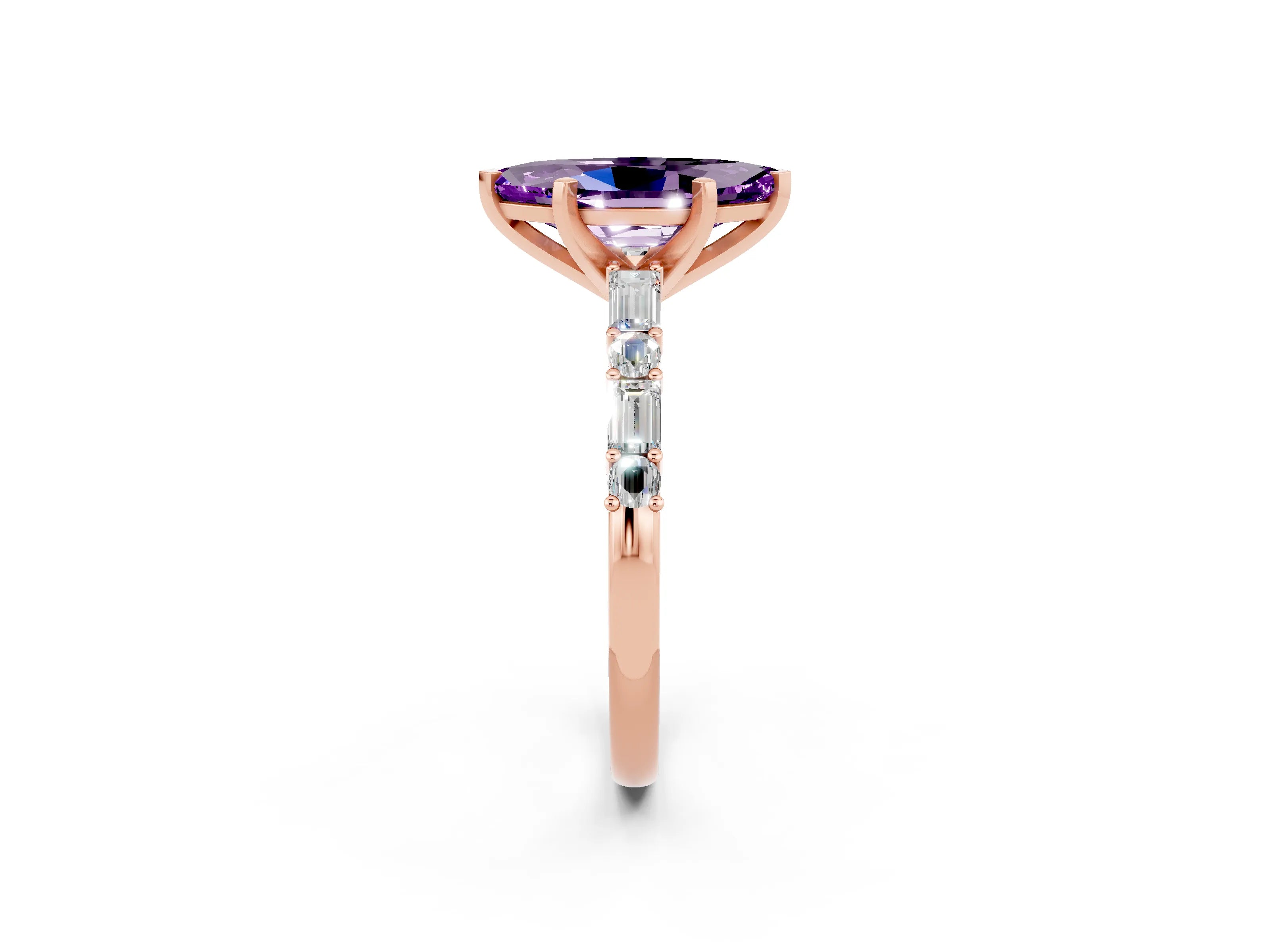 Rose gold Marquise Cut Amethyst Solitaire with Side Baguettes and Channel Set Band_2