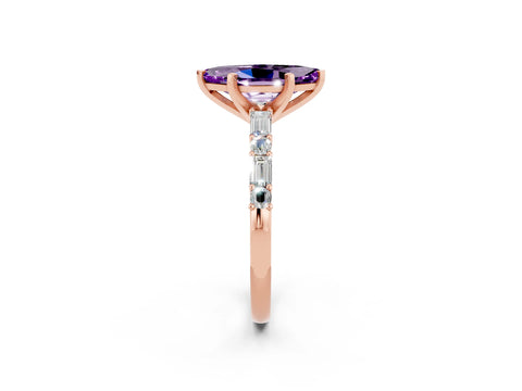 Rose gold Marquise Cut Amethyst Solitaire with Side Baguettes and Channel Set Band_2